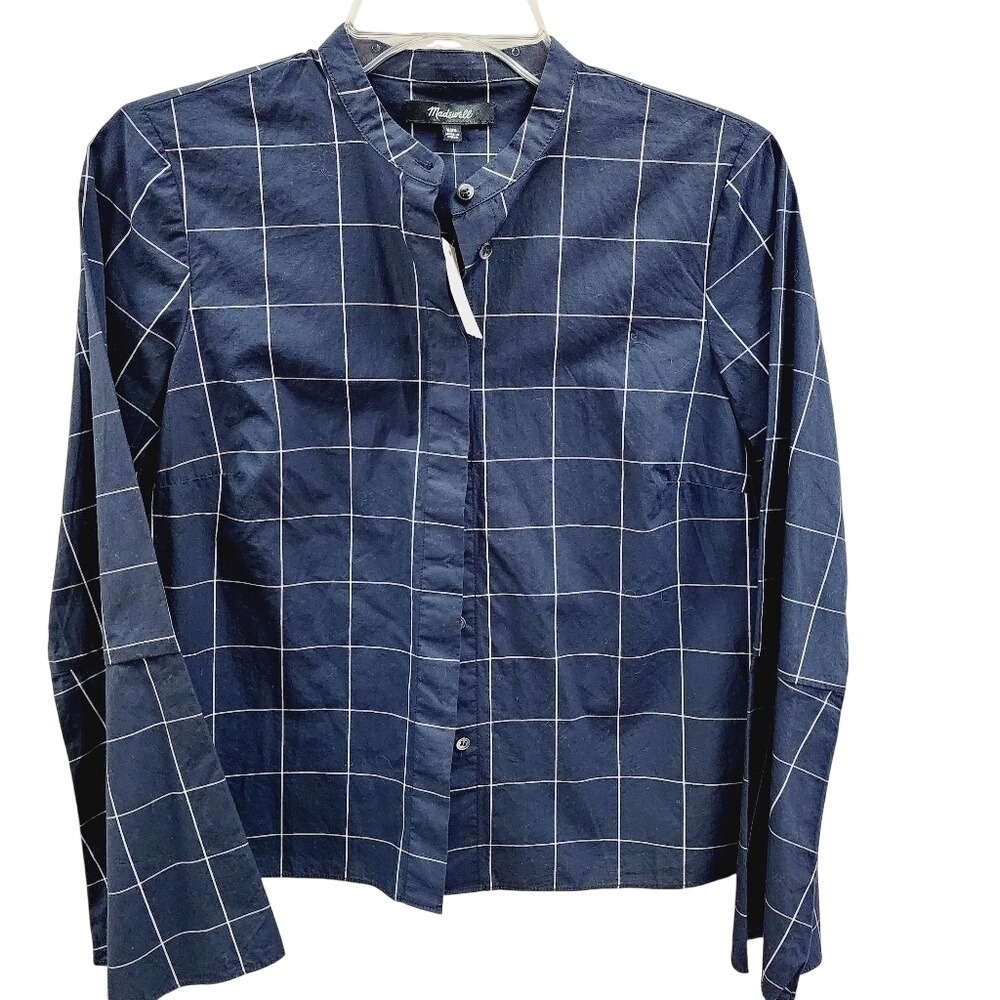 NWT Madewell Navy Blu Windowpane Grid Band Collar Bell Sleeve Cotton Blouse XXS